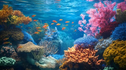 Naklejka premium A vibrant coral reef teeming with colorful fish, bright corals, and clear blue water, showcasing the diversity of marine life.
