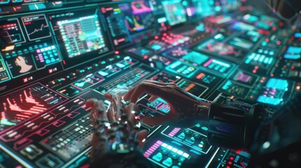 Fototapeta premium Robotic Hand Interacting with Futuristic Interface