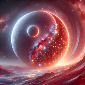 Half a Red Moon, with a galaxy forming inside it.
Red Moon, with a galaxy forming inside it
Metade de uma Lua Vermelha, com uma gal&aacute;xia se formando dentro dela..