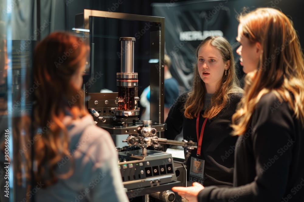 Poster female engineer showcases new mechanical device in engaging interview on engineering show