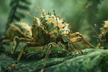 Fototapeta premium Closeup of a spiky armored beetle navigating a green leaf