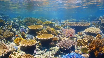 Fototapeta premium A vibrant coral reef underwater scene, filled with colorful marine life and clear water, with ample space for text around the coral formations.