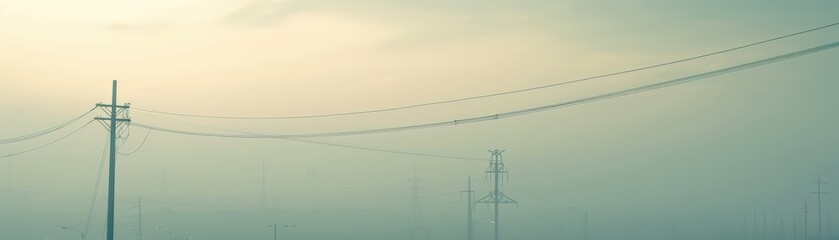 A serene landscape featuring telecommunication poles amidst a misty horizon, evoking a sense of tranquility and isolation.