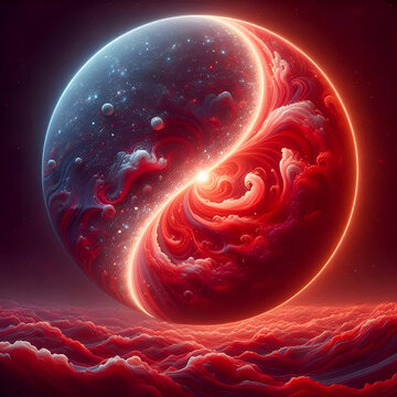 Half a Red Moon, with a galaxy forming inside it.
Red Moon, with a galaxy forming inside it
Metade de uma Lua Vermelha, com uma gal&aacute;xia se formando dentro dela..