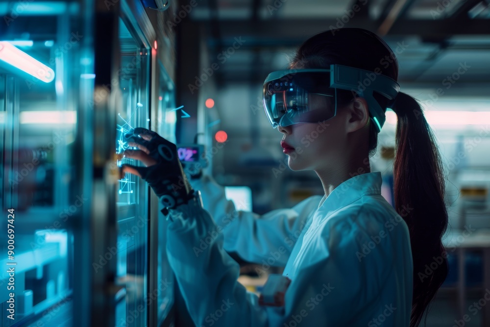 Aufkleber female inventor testing wearable tech gadget in futuristic lab with digital data streams