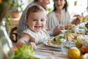 Joyful Family Moment with Baby Enjoying Homemade Food at Dining Table - Perfect for Family Lifestyle Design