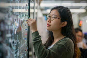Female Scientist Solving Complex Math Problem on Digital Screen in High-Tech Laboratory Setting