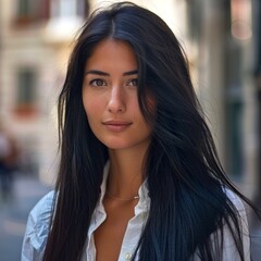 Outdoor portrait of a young woman with long dark hair in a city setting. Captured in natural light, this image depicts casual elegance and modern fashion. Useful for lifestyle or fashion concepts. AI