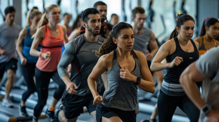 Group Fitness Workout Session in a Gym Focusing on Cardiovascular Exercises and Team Motivation