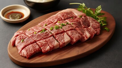 Fototapeta premium Wooden platter with sliced marbled beef garnished with green onions and parsley, with bowls of dipping sauce and white rice in the background.