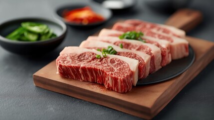 Fototapeta premium Beautifully marbled beef steak slices garnished with green onions on a wooden cutting board, with sliced cucumbers and pickled vegetables in the background.