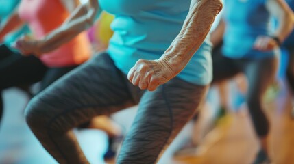 Fototapeta premium Elderly Woman Participating in Low-Impact Aerobics Class for Cardiac Rehabilitation Program
