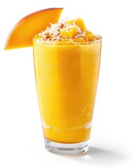 Refreshing mango smoothie topped with coconut flakes, perfect for a tropical treat or summer refreshment.