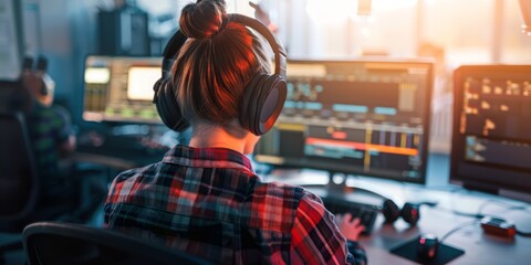 Obraz premium Creative Pulse: Music Producer in Action at a Modern Recording Studio from Behind