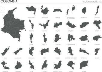 Colombia region silhouettes set and blank map of the country isolated on white background. Vector illustration design