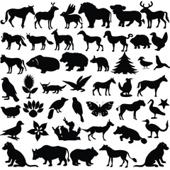 Animals drawn vector illustrations different sorts silhouettes set