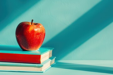 Red apple placed on a stack of three books against a teal background, sunlight casting sharp shadows. Perfect for education and healthy living themes.