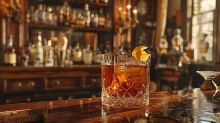Historical Cocktails, Classic Sazerac in a crystal glass with a lemon twist
