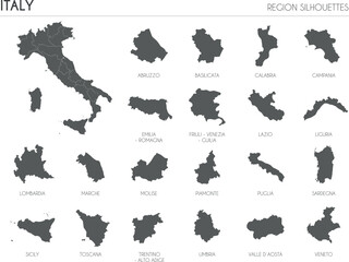 Italy region silhouettes set and blank map of the country isolated on white background. Vector illustration design