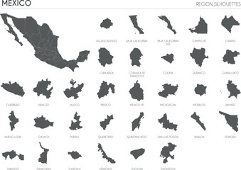 Mexico region silhouettes set and blank map of the country isolated on white background. Vector illustration design