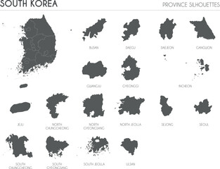 South Korea region silhouettes set and blank map of the country isolated on white background. Vector illustration design