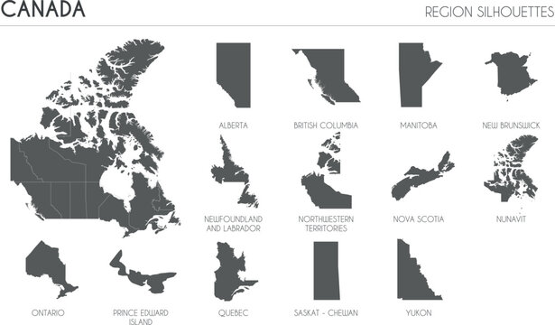 Canada region silhouettes set and blank map of the country isolated on white background. Vector illustration design
