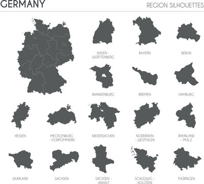 Germany region silhouettes set and blank map of the country isolated on white background. Vector illustration design