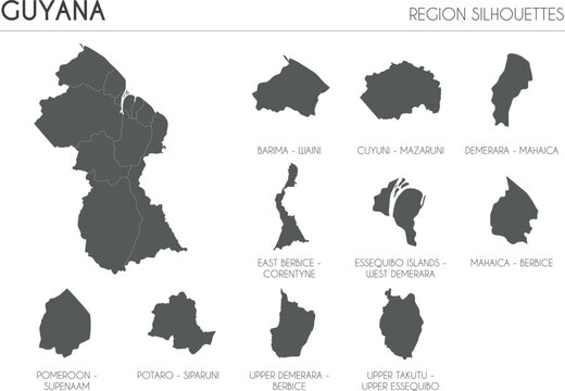 Guyana region silhouettes set and blank map of the country isolated on white background. Vector illustration design
