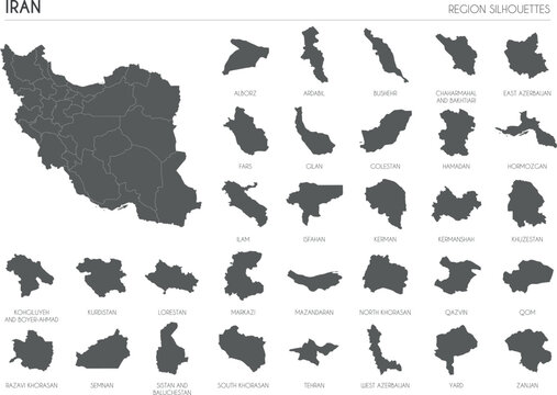 Iran region silhouettes set and blank map of the country isolated on white background. Vector illustration design