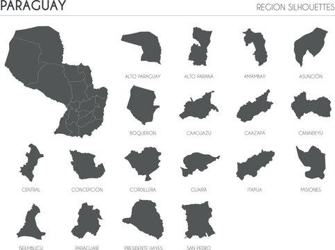 Paraguay region silhouettes set and blank map of the country isolated on white background. Vector illustration design