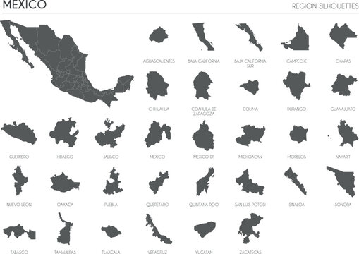 Mexico region silhouettes set and blank map of the country isolated on white background. Vector illustration design