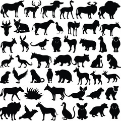 Animals drawn vector illustrations different sorts silhouettes set