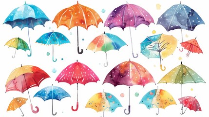 Obraz premium Cute cartoon umbrellas set. White background. Watercolor illustrations set