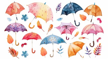 Fototapeta premium Cute cartoon umbrellas set. White background. Watercolor illustrations set