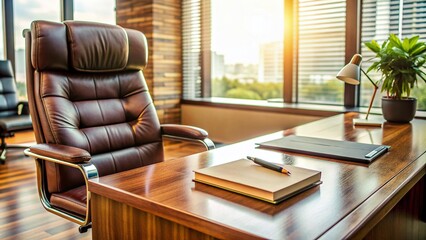 Professional office setup with leather chair, wooden desk, and notepad, awaiting important job interview, with subtle natural light illuminating the private meeting space.