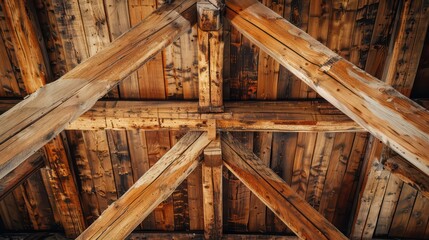 A rustic wooden ceiling with exposed beams and a warm, natural finish