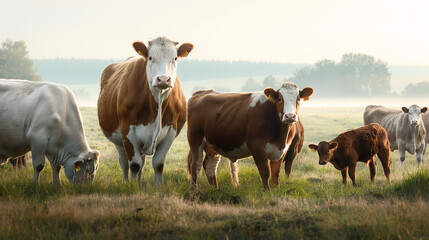 Obraz premium A group of cows and a calf standing and grazing in a foggy field during sunrise, with trees visible in the background.
