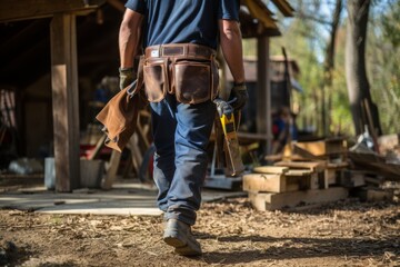 Professional tradesman carrying tool bag approaches house front for skilled repair work