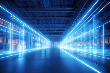 Fototapeta premium generated illustration of bright warehouse aisle with motion lights.