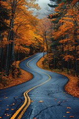 Fototapeta premium Vertical shot of a curvy road in a forest covered in yellowing trees 