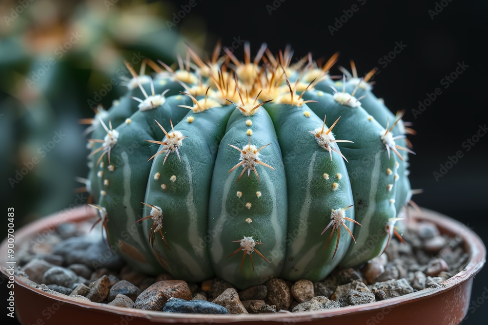 Aufkleber Close-up of a round cactus with sharp spines in a pot, showcasing its intricate patterns and vibrant colors, ideal for nature and botanical projects.