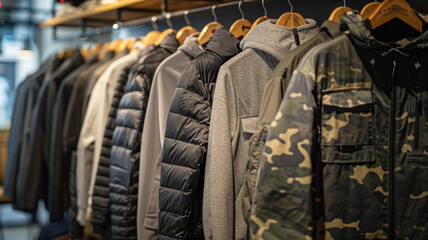 Fototapeta premium Different types of Men's jackets hang on hangers in retail store