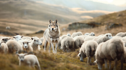 Fototapeta premium Wolf standing among a flock of sheep in an open, hilly landscape.