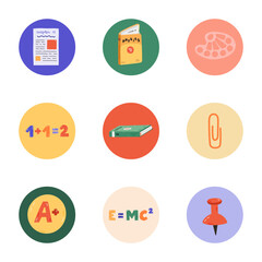 Trendy and colourful round highlights for different social media, blogs, business, branding with Back to school illustrations. Cover icons for stories with textbook, math formula, education clipart.