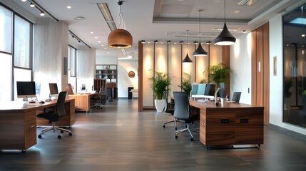 Modern real estate office with agents working at their desks,