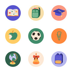 Trendy and colourful round highlights for different social media, blogs, business, branding with Back to school illustrations. Cover icons for stories with football ball, schoolbag, education clipart.