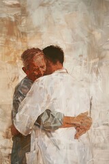 Elderly Man Embracing Middle-Aged Person in Hospital Hallway, Showing Empathy and Support