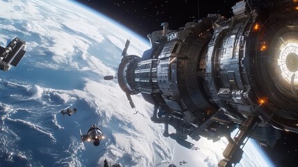Space city orbiting Earth, with interconnected modules and spacecraft docking