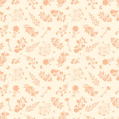 Seamless floral pattern, abstract flower print in romantic vintage style. Elegant botanical design in pink pastel colors: hand drawn wild flowers, leaves in abstract composition. Vector illustration.