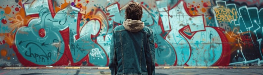 Obraz premium Person admiring vibrant street art on a colorful graffiti wall, showcasing urban creativity and self-expression.